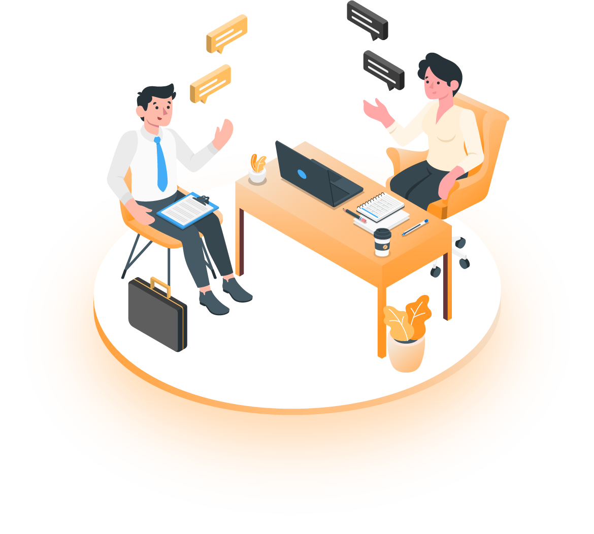 illustration vectorielle en isométrie de deux personnes qui discutent autour d'un bureau de travail, avec un ordinateur.