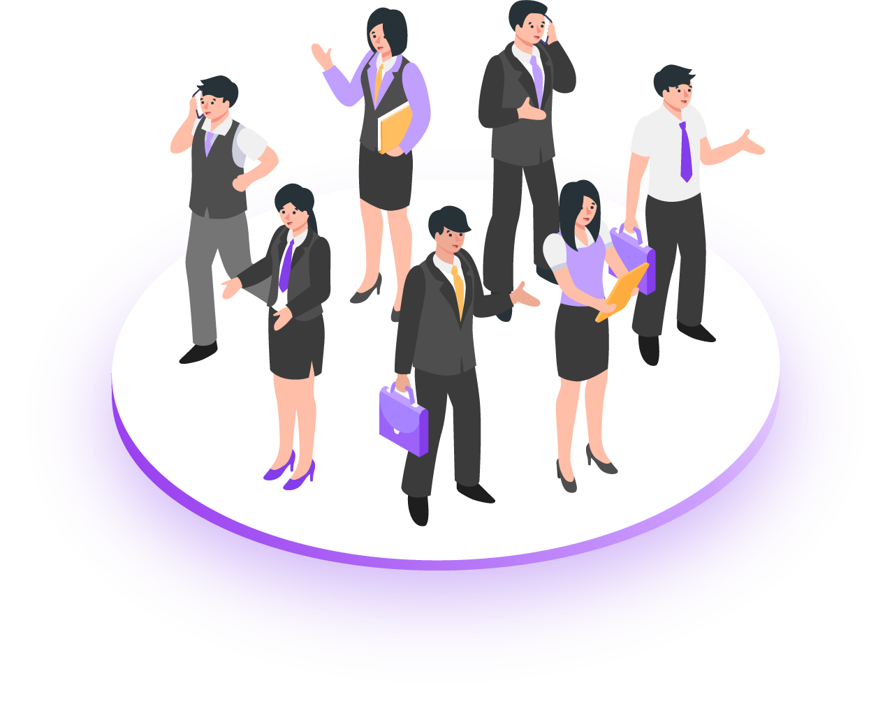 illustration vectorielle en isométrie de personnes en costumes sur un cercle blanc et violet.