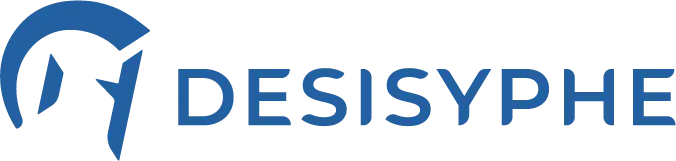 logo d'un casque grec de profil avec le texte Desisyphe, de couleur bleu