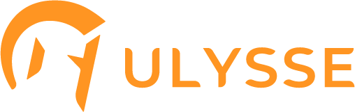 logo casque grec de profil avec texte Ulysse, de couleur orange sur fond transparent